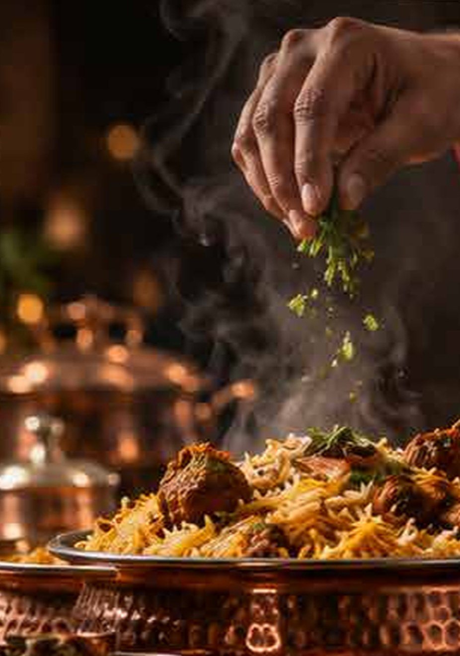 Chef garnishing steaming biryani served in a copper handi