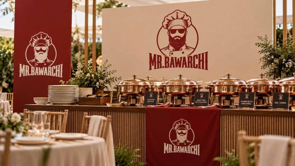 Mr. Bawarchi buffet counter with copper chafing dishes and branded banners