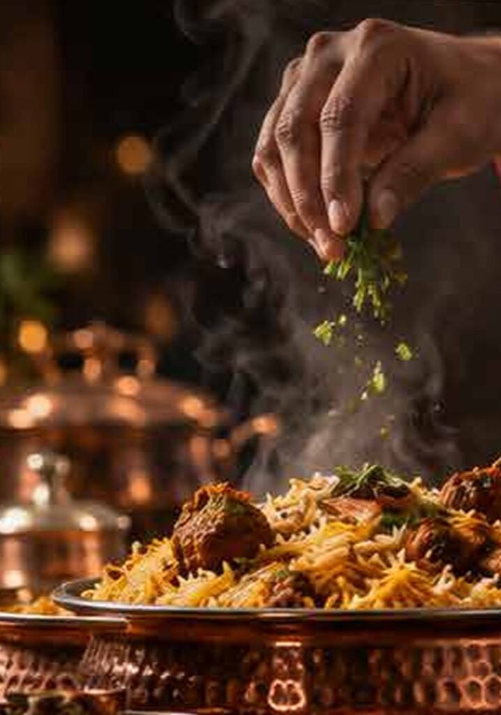 Steaming biryani in a copper handi